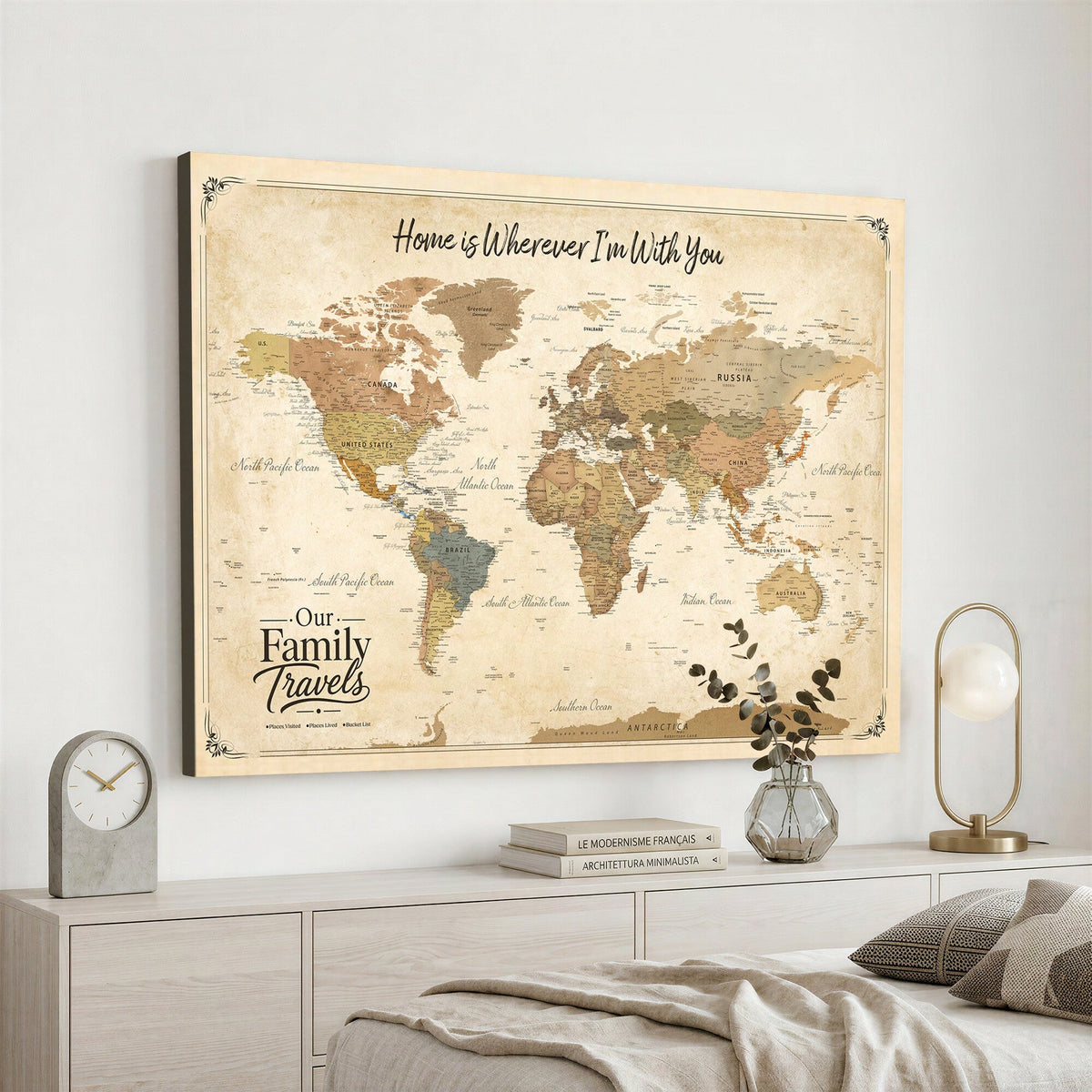 94272126-MGV-CV-36X24 - Our Family Adventures Push Pin World Map Wall Art Canvas Print - Family Travel Tracker Map with Pins