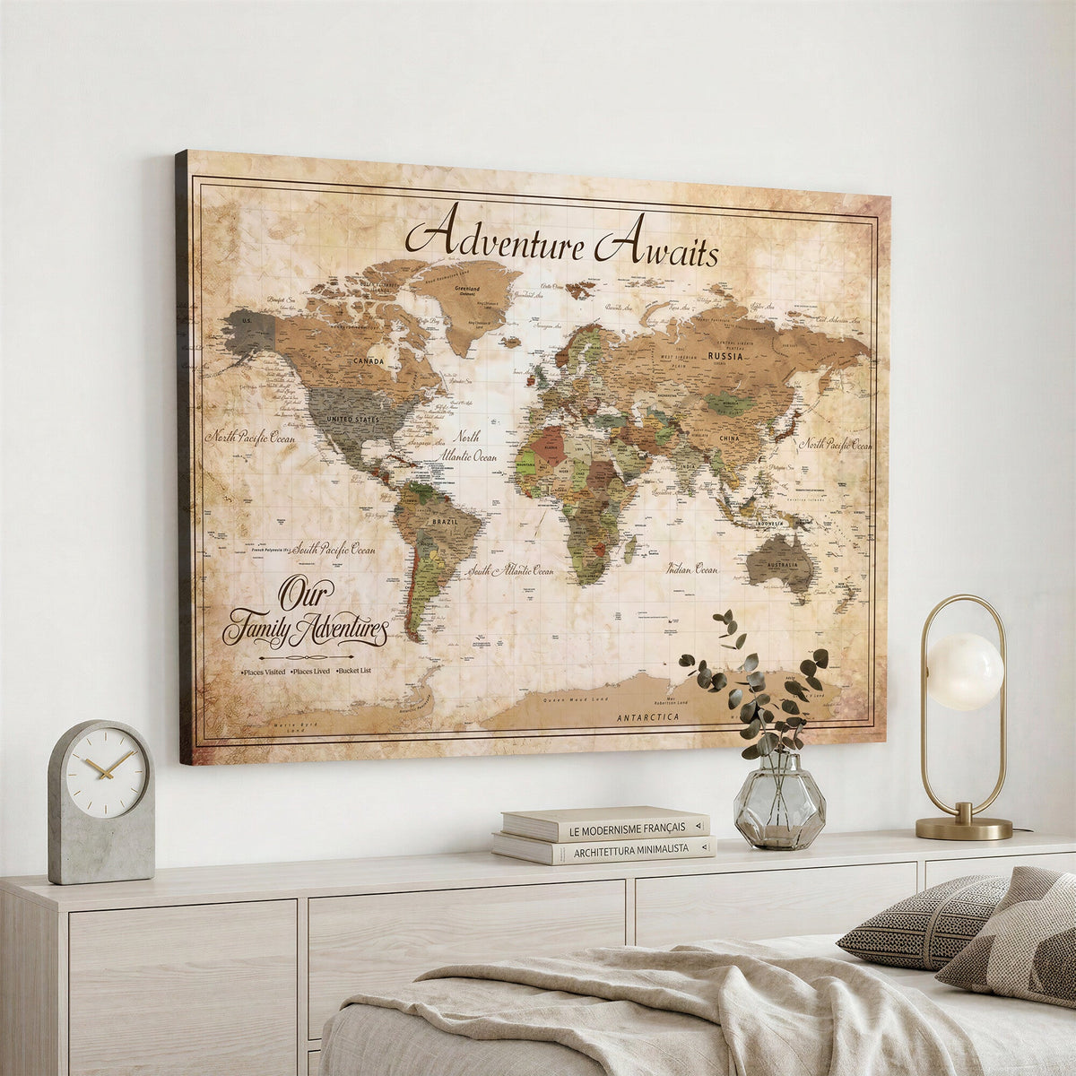 95783582-MGV-CV-36X24 - Our Family Adventures Push Pin World Map Wall Art Canvas Print - Family Travel Tracker Map with Pins