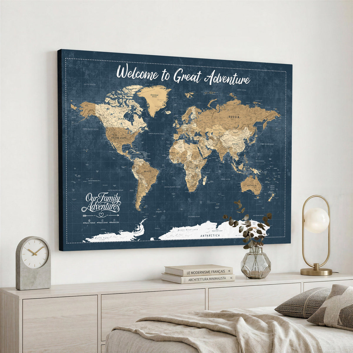 86877844-MGV-CV-36X24 - Our Family Adventures Push Pin World Map Wall Art Canvas Print - Family Travel Tracker Map with Pins