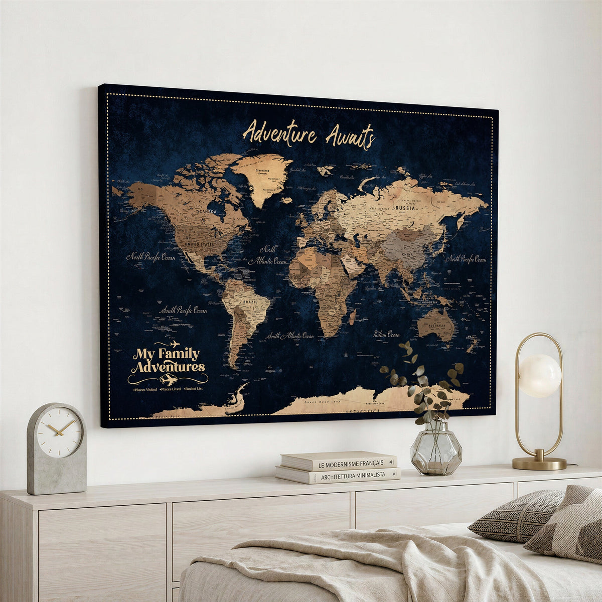 82827666-MGV-CV-36X24 - Our Family Adventures Push Pin World Map Wall Art Canvas Print - Family Travel Tracker Map with Pins
