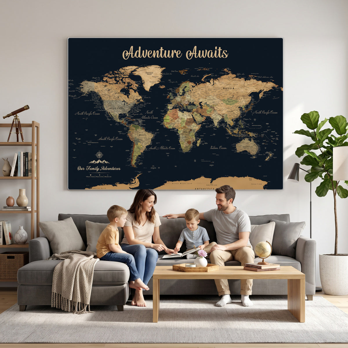 88994085-MGV-CV-36X24 - Our Family Adventures Push Pin World Map Wall Art Canvas Print - Family Travel Tracker Map with Pins