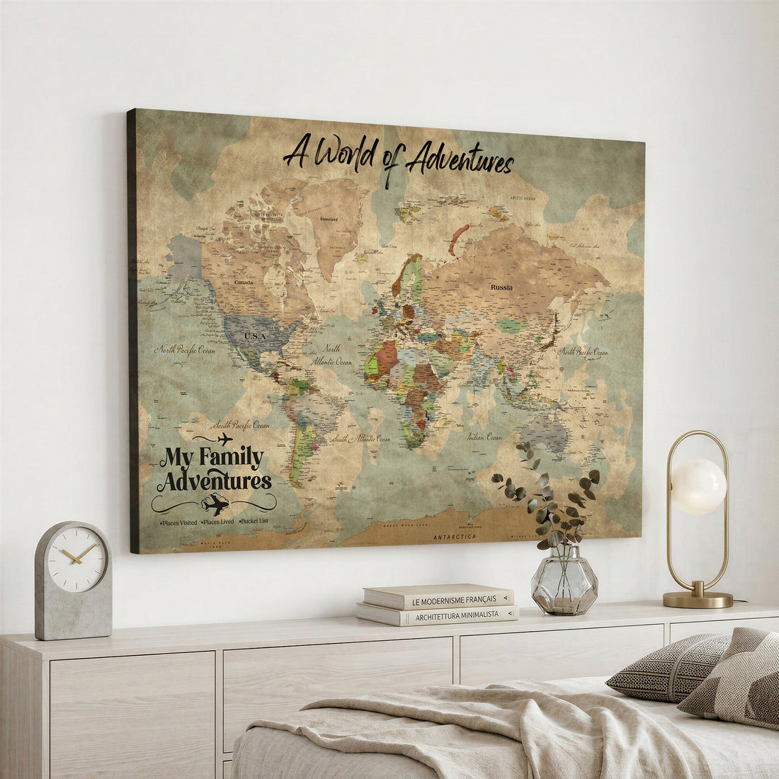 Personalized Family Adventure Map with Push Pins, World Travel Canvas Print