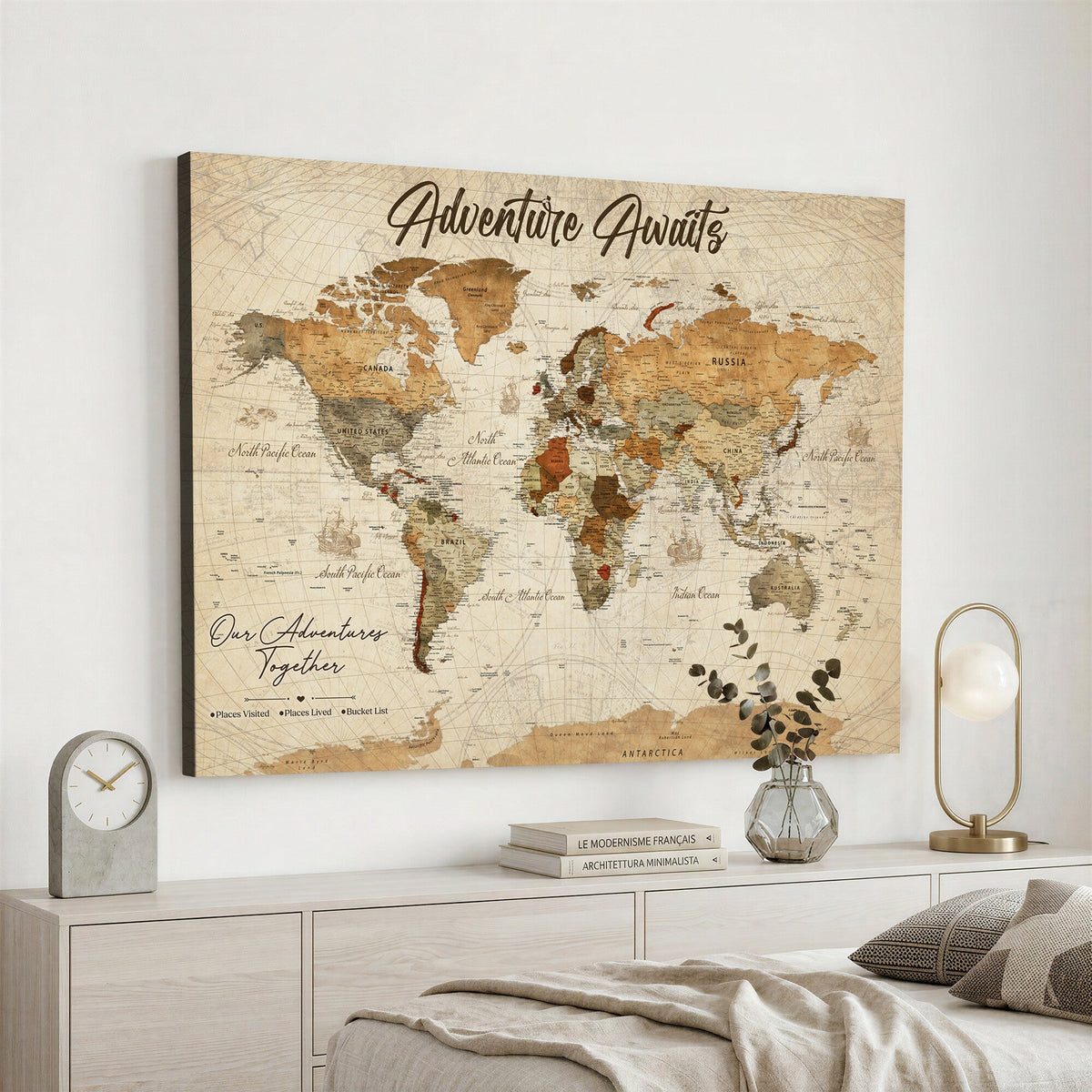 94237870-MGV-CV-36X24 - Our Family Adventures Push Pin World Map Wall Art Canvas Print - Family Travel Tracker Map with Pins