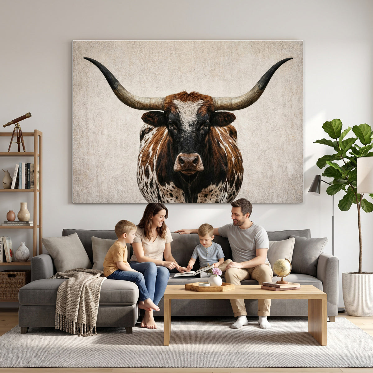 58622065-MGV-CV-36X24 - Texas Longhorn Canvas Wall Art Western Bull Desert Moody Grey Overcast Rustic Farmhouse Framed Large for Living Room Bedroom Office Decor