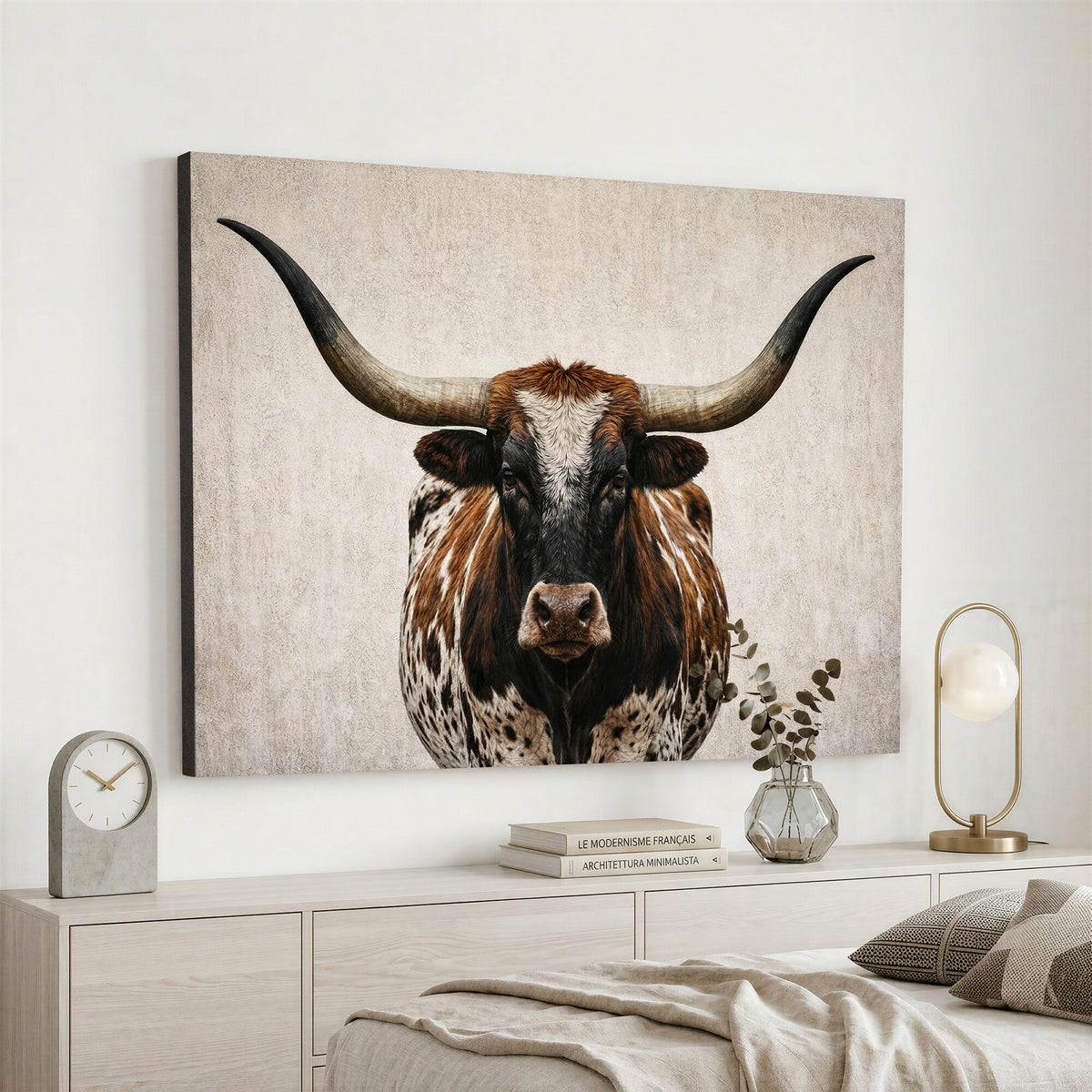58622065-_Poster-30x20 - Texas Longhorn Canvas Wall Art, Western Bull in a Moody Grey Desert, Rustic Farmhouse Decor for Living Room