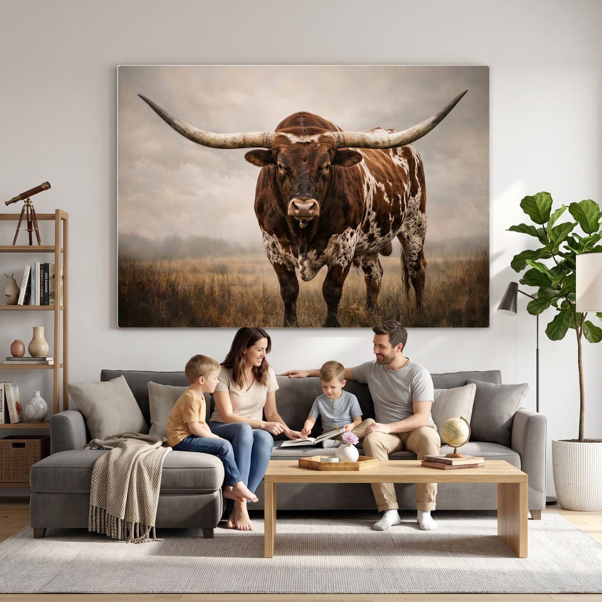25239047A-MGV-CV-36X24 - Texas Longhorn Canvas Wall Art Western Bull Desert Moody Grey Overcast Rustic Farmhouse Framed Large for Living Room Bedroom Office Decor