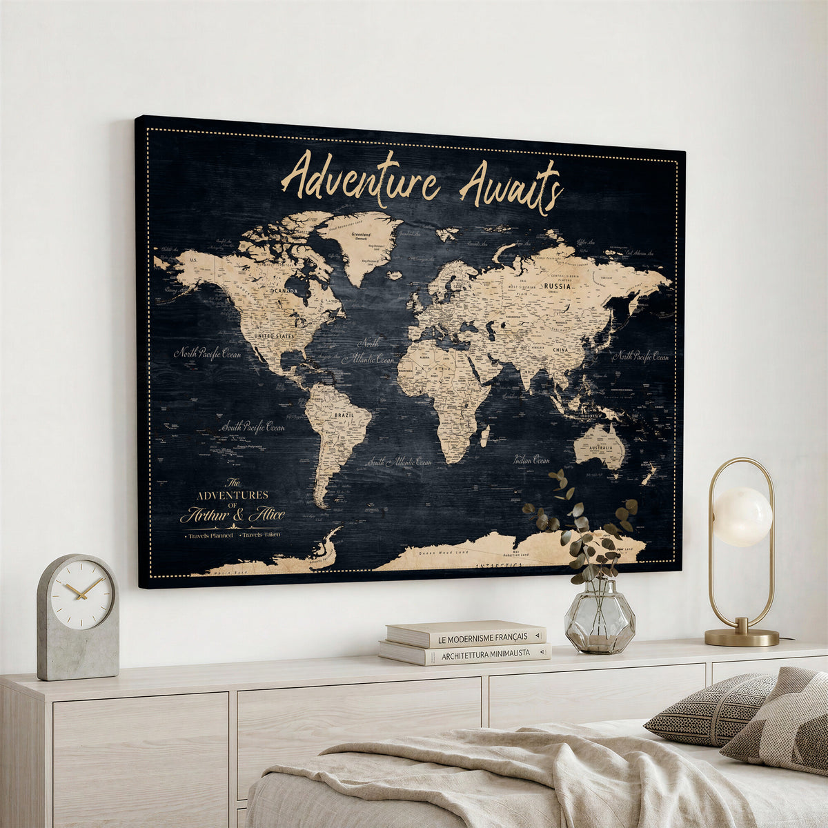 688173822-MGV-CV-36X24 - Extra Large Vintage Personalized Push Pin World Map Wall Art Canvas Print