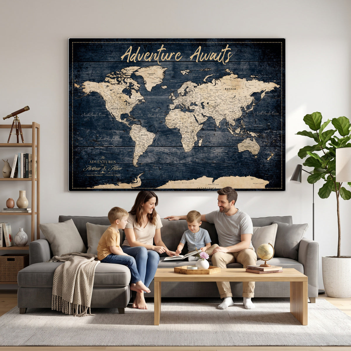 68817382-MGV-CV-36X24 - Extra Large Vintage Personalized Push Pin World Map Wall Art Canvas Print