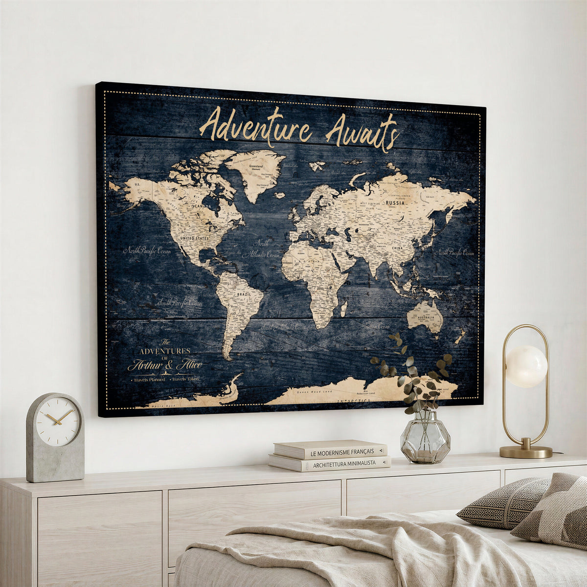 68817382-MGV-CV-36X24 - Extra Large Vintage Personalized Push Pin World Map Wall Art Canvas Print