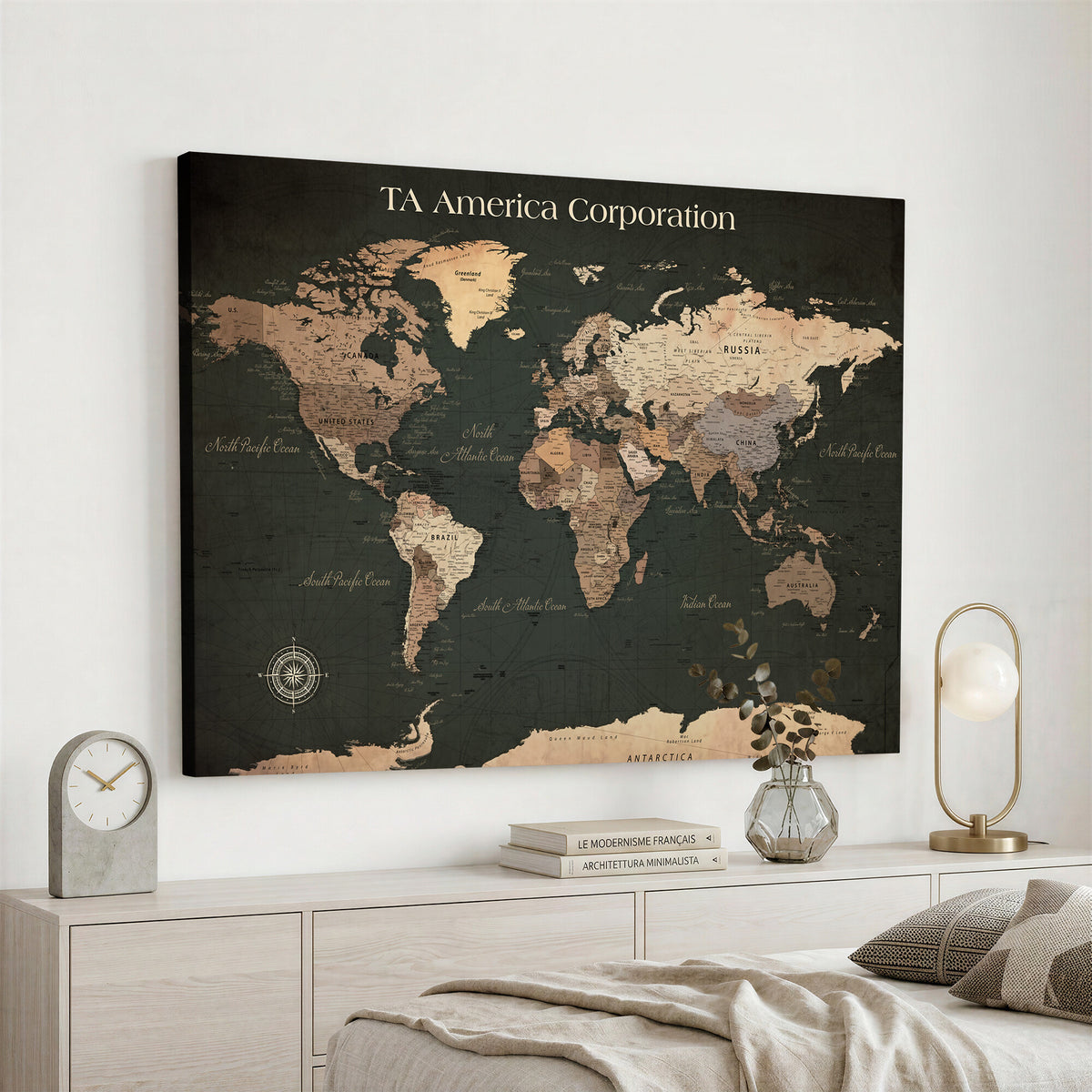 55857205-MGV-CV-36X24 - Extra Large Framed Personalize Push Pin World Map Wall Art Canvas Print for Travel Tracking