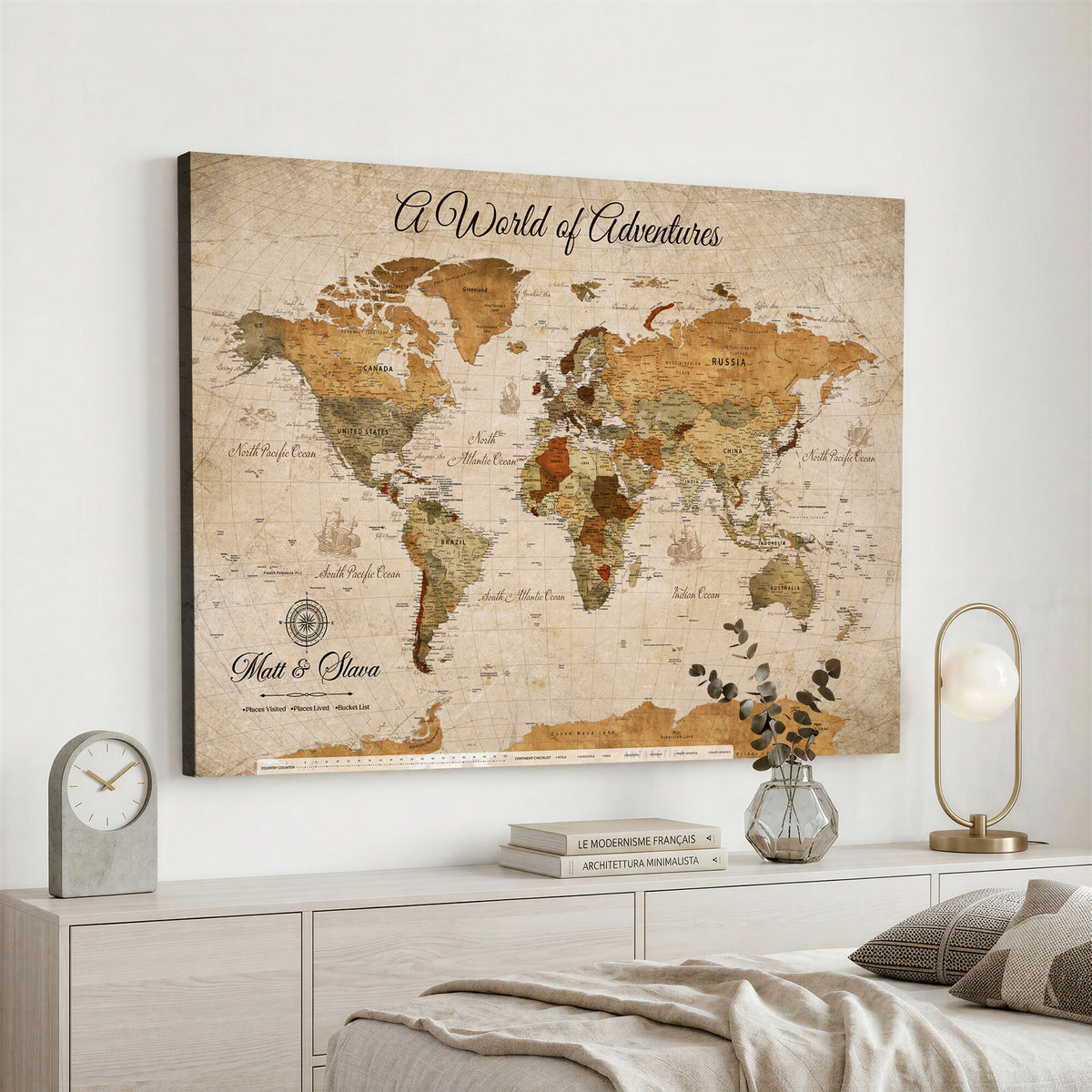88768647-MGV-CV-36X24 - Extra Large Framed Personalize Push Pin World Map Wall Art Canvas Print for Travel Tracking