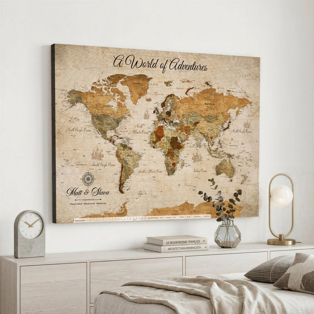 Extra Large Push Pin Travel Tracker, Framed Personalized World Map Canvas