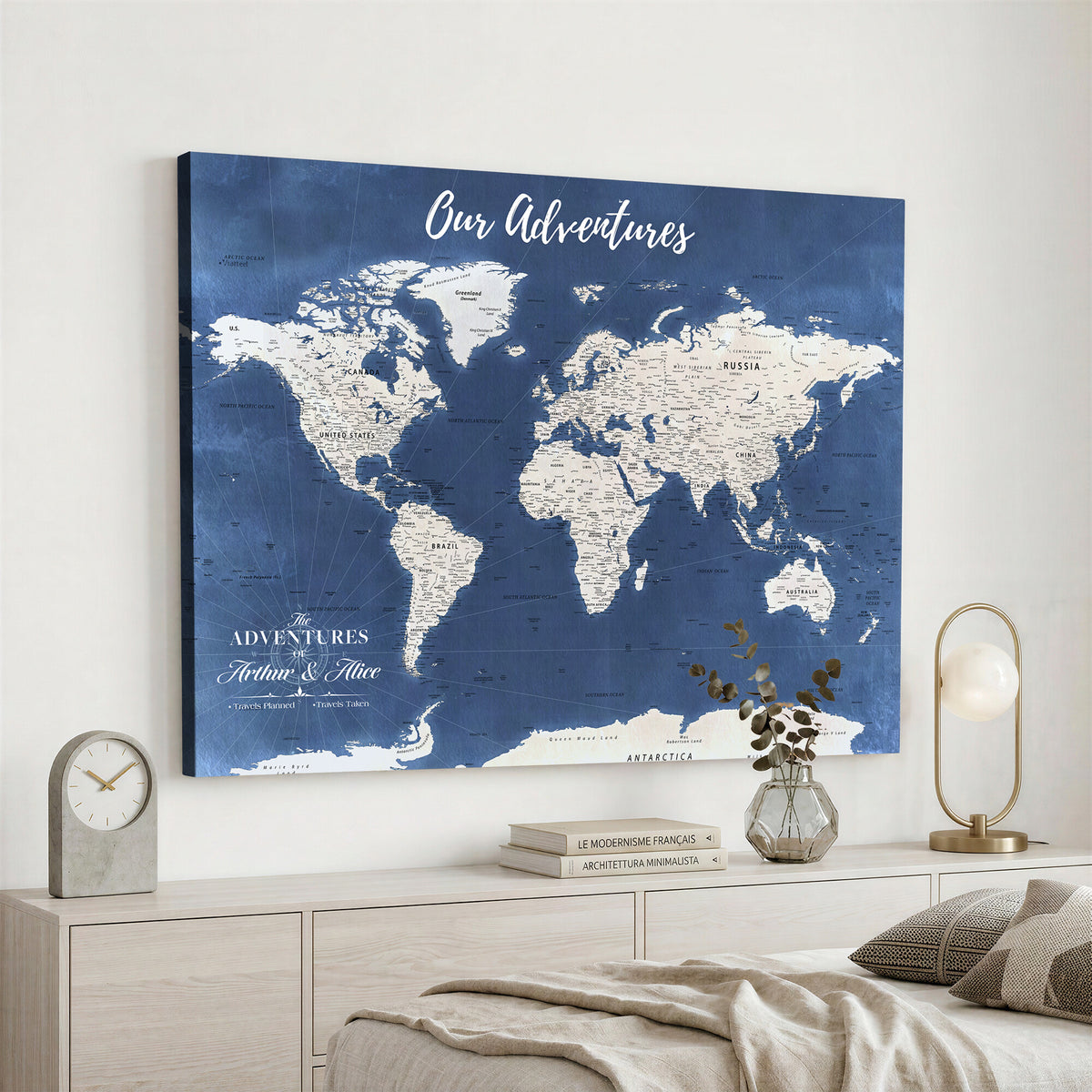 75405527-MGV-CV-36X24 - Extra Large Framed Personalize Push Pin World Map Wall Art Canvas Print for Travel Tracking