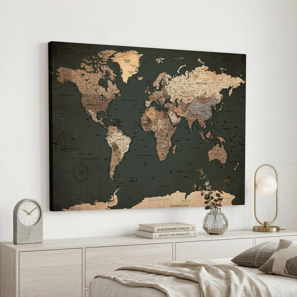 42327656-MGV-CV-36X24 - Extra Large Framed Personalize Push Pin World Map Wall Art Canvas Print for Travel Tracking
