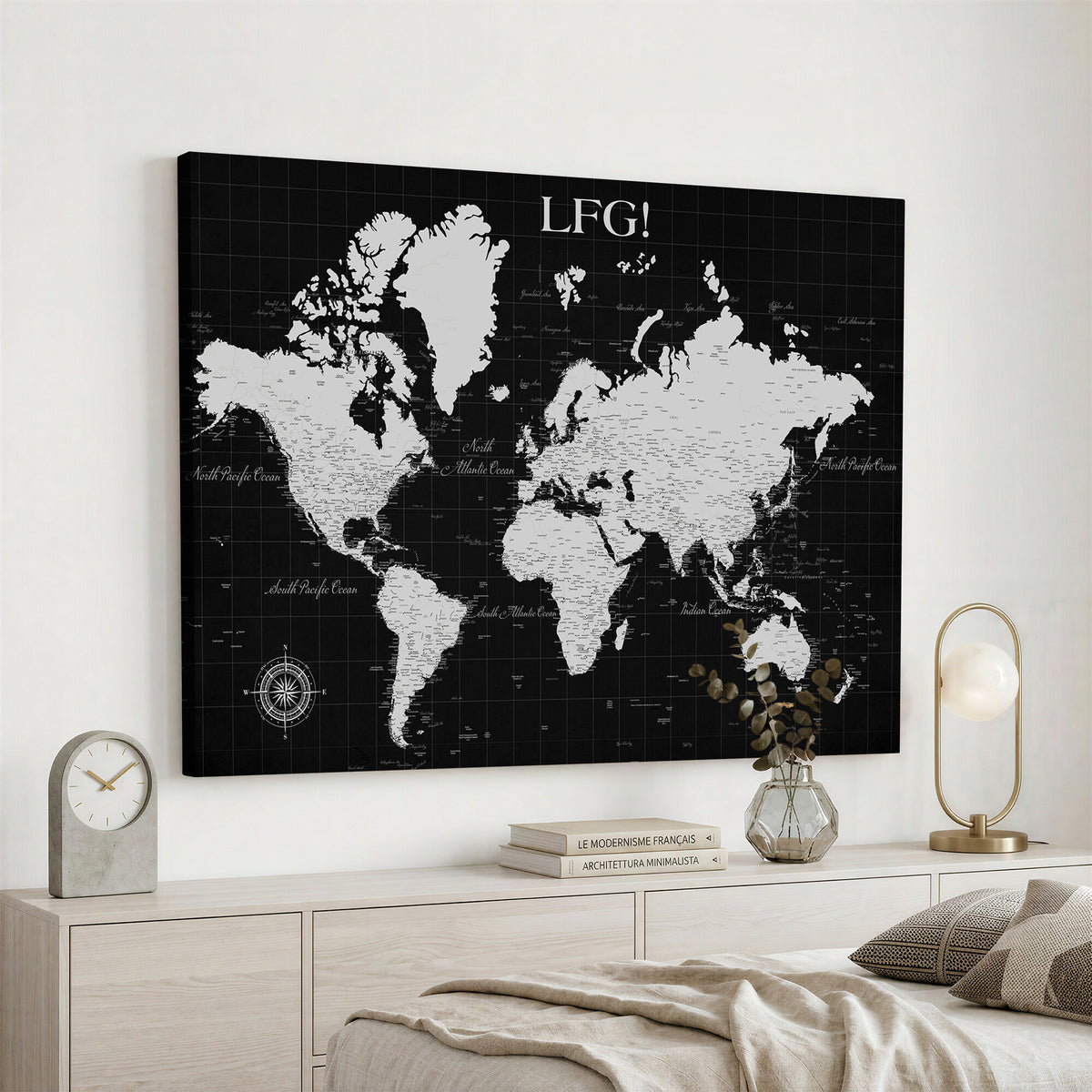 68209291-MGV-CV-36X24 - Extra Large Framed Personalize Push Pin World Map Wall Art Canvas Print for Travel Tracking