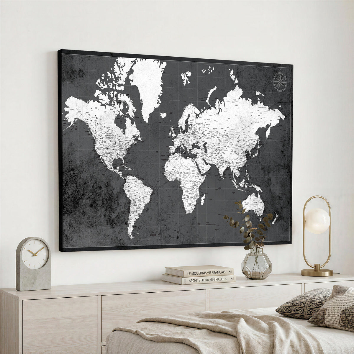 78574966-MGV-CV-36X24 - Extra Large Framed Personalize Push Pin World Map Wall Art Canvas Print for Travel Tracking