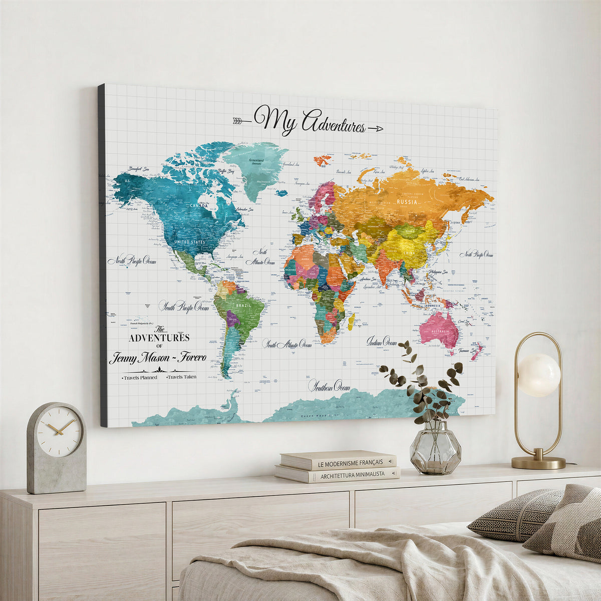 66743043-MGV-CV-36X24 - Extra Large Framed Personalize Push Pin World Map Wall Art Canvas Print for Travel Tracking