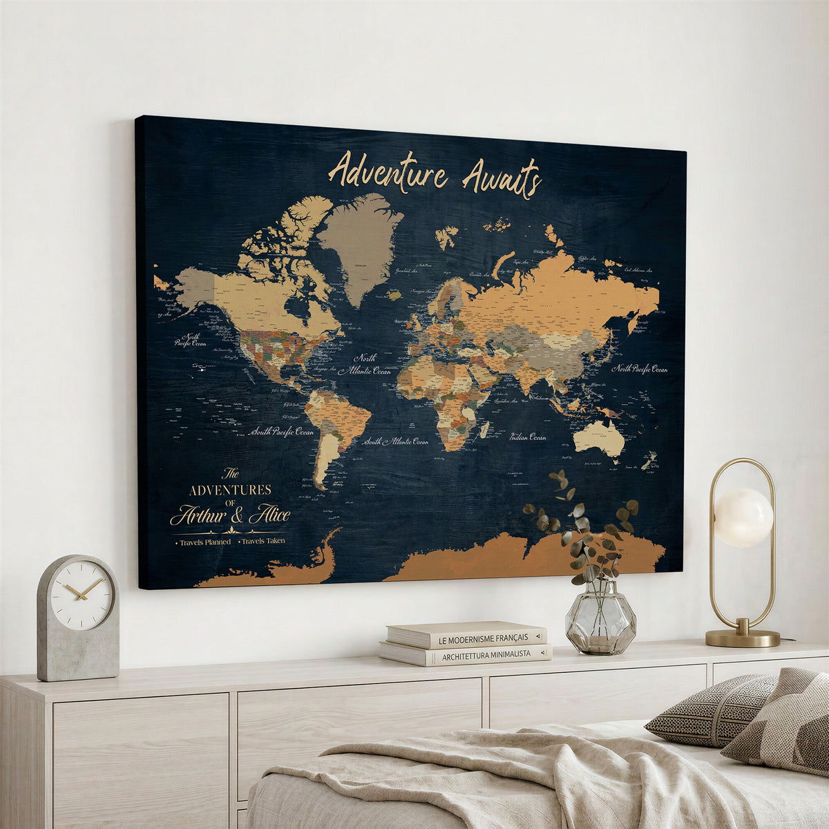 13350960-MGV-CV-36X24 - Extra Large Framed Personalize Push Pin World Map Wall Art Canvas Print for Travel Tracking