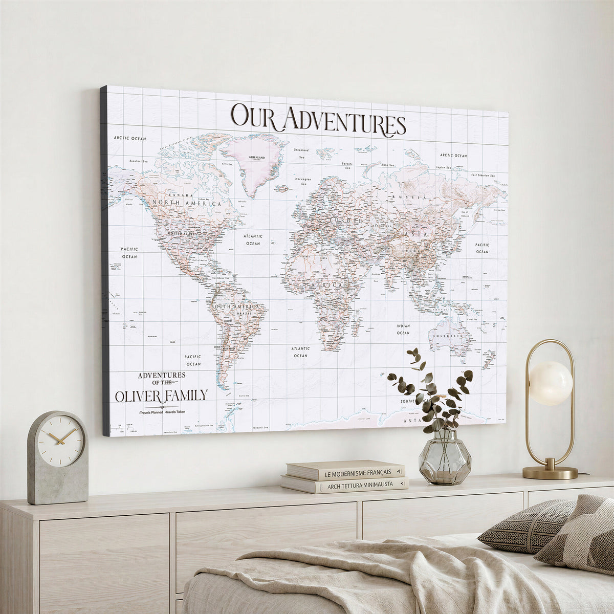18074626D3DD-MGV-CV-36X24 - Extra Large Framed Personalize Push Pin World Map Wall Art Canvas Print for Travel Tracking NEWMAP - 015