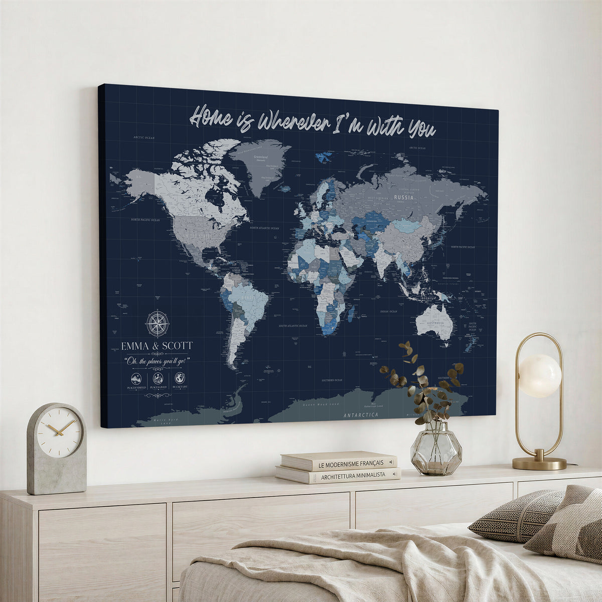 17712680D-MGV-CV-36X24 - World Map Wall Art Canvas Print, Modern Decorative Framed Map Artwork Prints for Living Room, Office, Bedroom Wall Decor