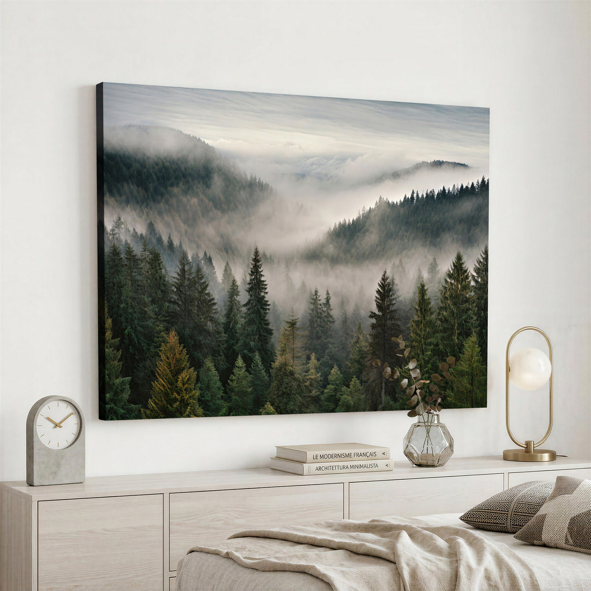 38409495-_Poster-30x20 - Misty Pine Valley Mountain Canvas Print 3 Piece Framed Wall Art Extra Large Floating Frame Nature Poster Made in USA
