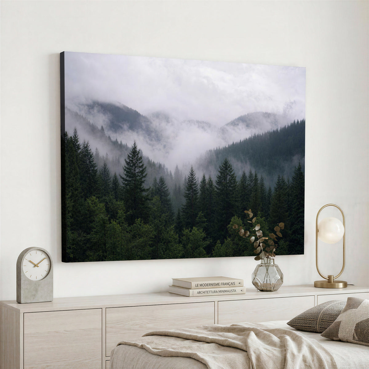 25432119-_Poster-30x20 - Misty Mountain Pine Forest Canvas Print 3 Piece Framed Wall Art Extra Large Floating Frame Nature Poster Made in USA