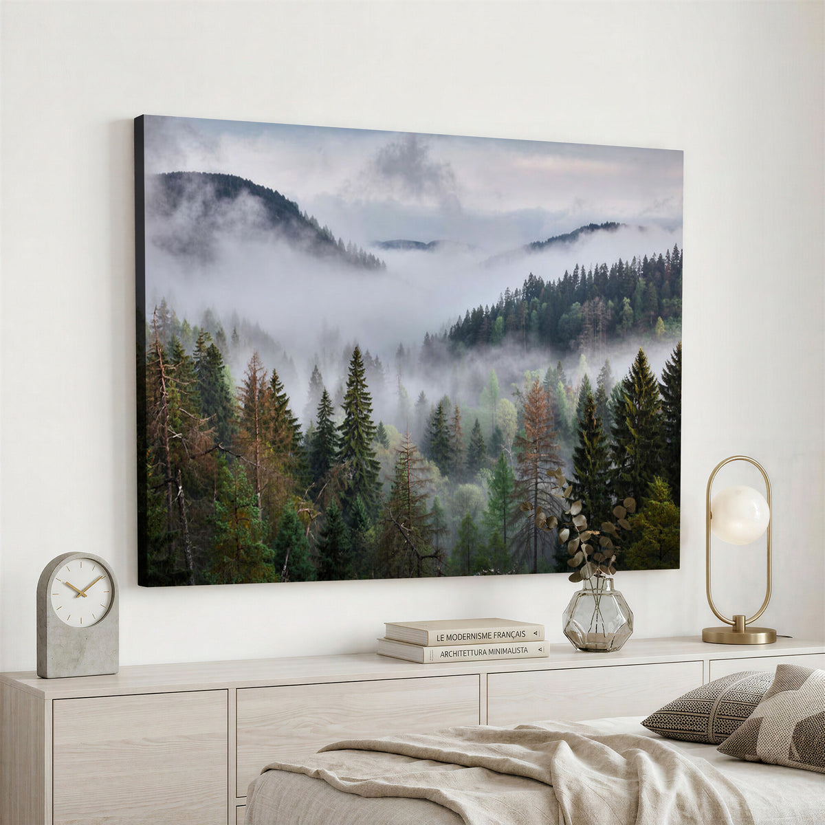18735847-_Poster-30x20 - Foggy Pine Forest Mountain Canvas Print 3 Piece Framed Wall Art Extra Large Floating Frame Nature Poster Made in USA
