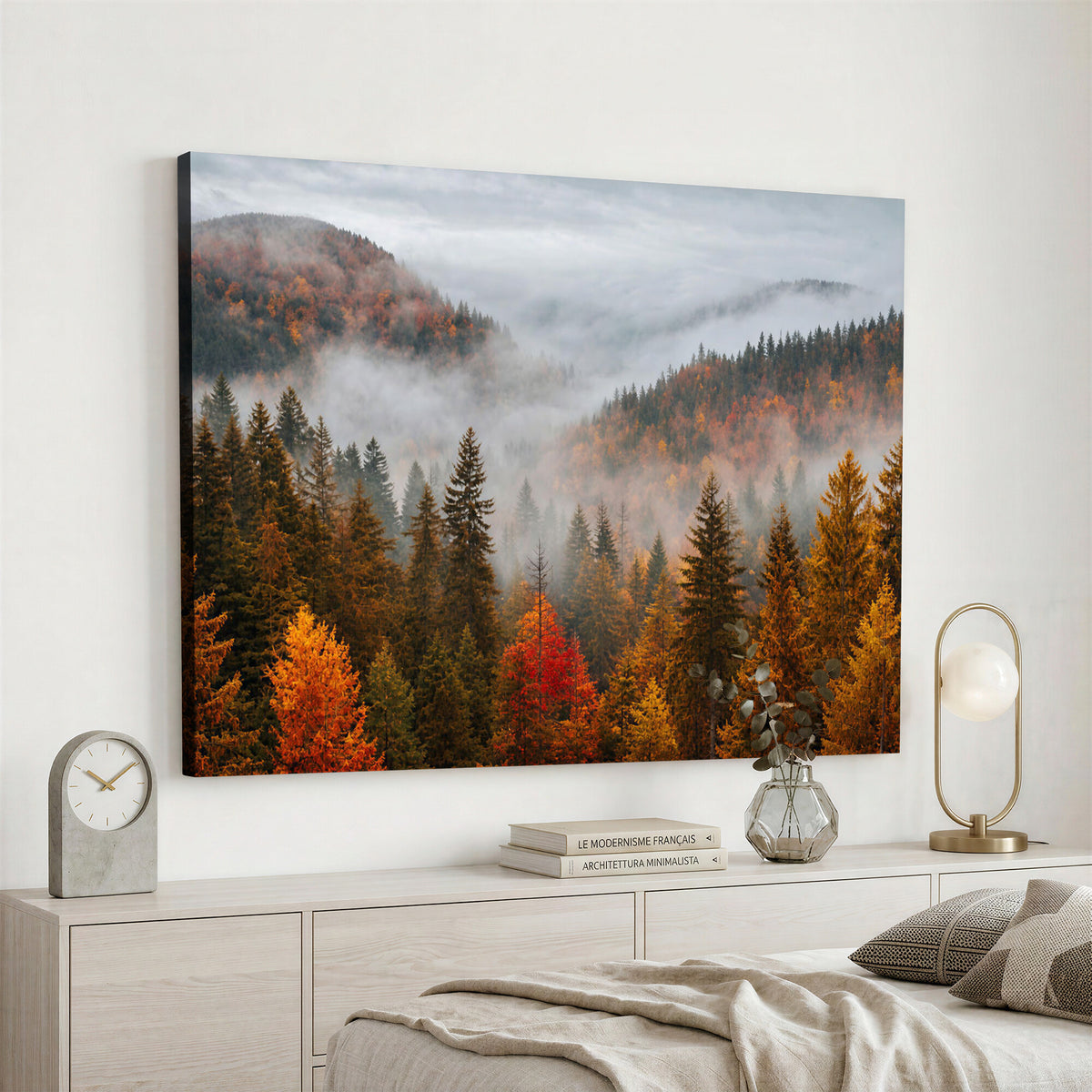 87481341-_Poster-30x20 - Foggy Autumn Mountain Canvas Print Smoky Pine Forest Wall Art Panoramic Nature Poster 3 Piece Made in USA