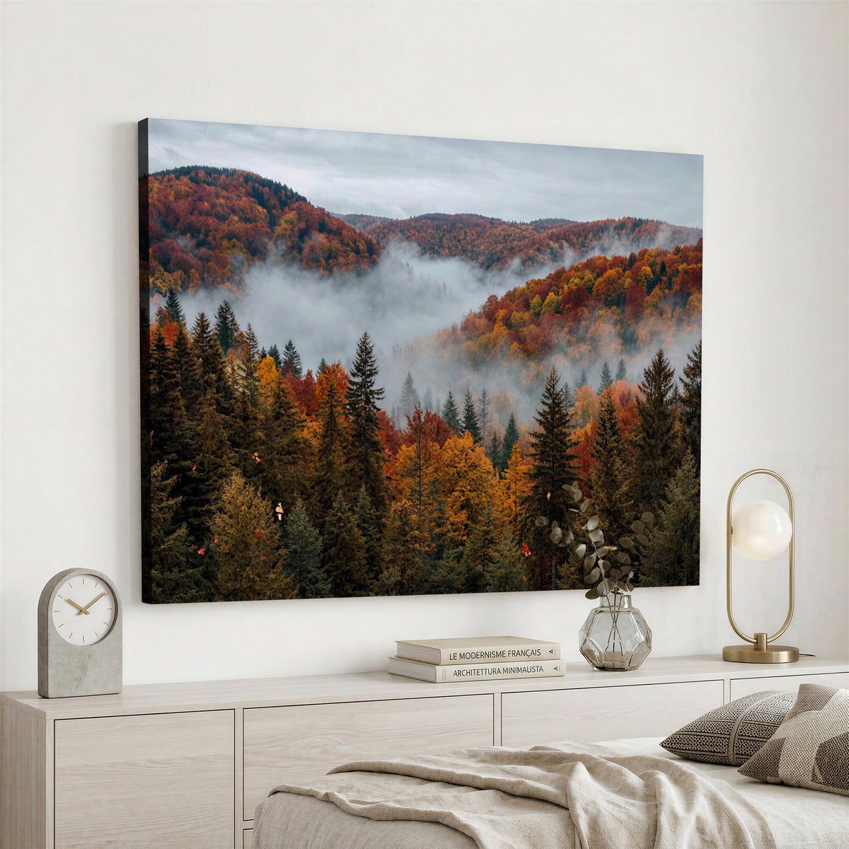 26686263-_Poster-30x20 - Misty Autumn Forest Mountain Canvas Print 3 Panel Wall Art Gallery Wrapped Floating Frame Poster Made in USA