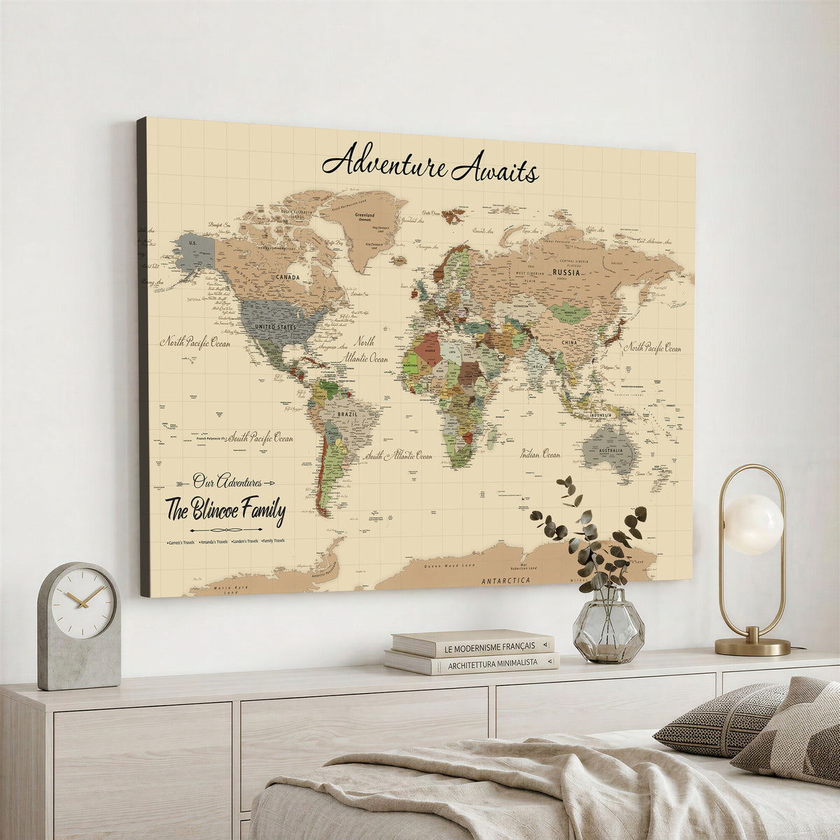 25730261D-MGV-CV-36X24 - Custom Push Pin World Map Wall Art Canvas Print | Personalized Travel Tracker with Pins Framed Large for Home and Office Decor