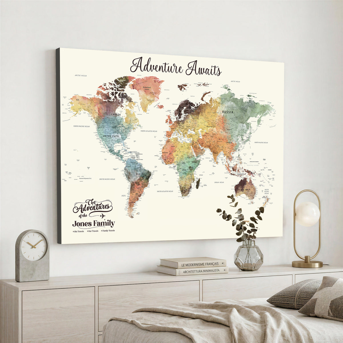NEWMAP-7D-MGV-CV-36X24 - Custom Push Pin World Map Wall Art Canvas Print | Personalized Travel Tracker - NEWMAP-7