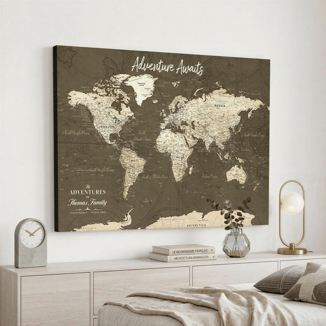 Personalized White Modern World Travel Map Wall Art with Pins, Honeymoon and Anniversary Gift, Living Room and Dining Room Decor