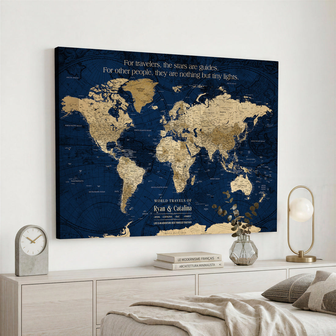 Custom Navy Push Pin World Map Canvas Print, Next Trip Planner Map, Bedroom and Entryway Decor
