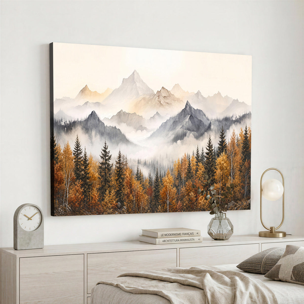19544118-MGV-TP-30X20 - Misty Mountain Autumn Forest Canvas Wall Art - Watercolor Fall Nature Landscape Print
