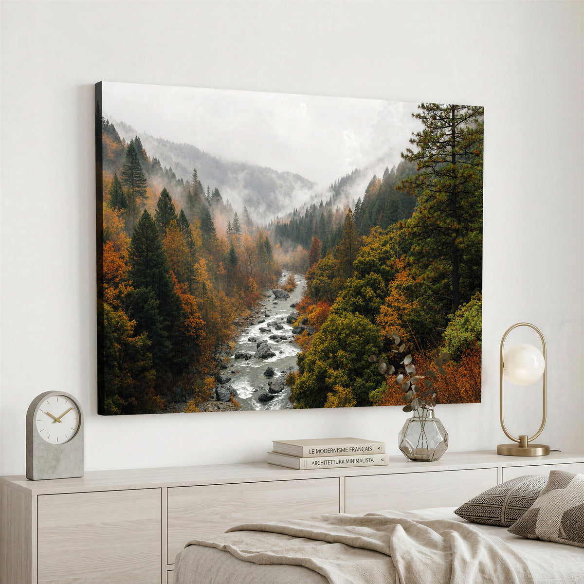 95540697-MGV-TP-30X20 - Misty River Mountain Valley Canvas Wall Art - Autumn Forest Landscape Nature Print