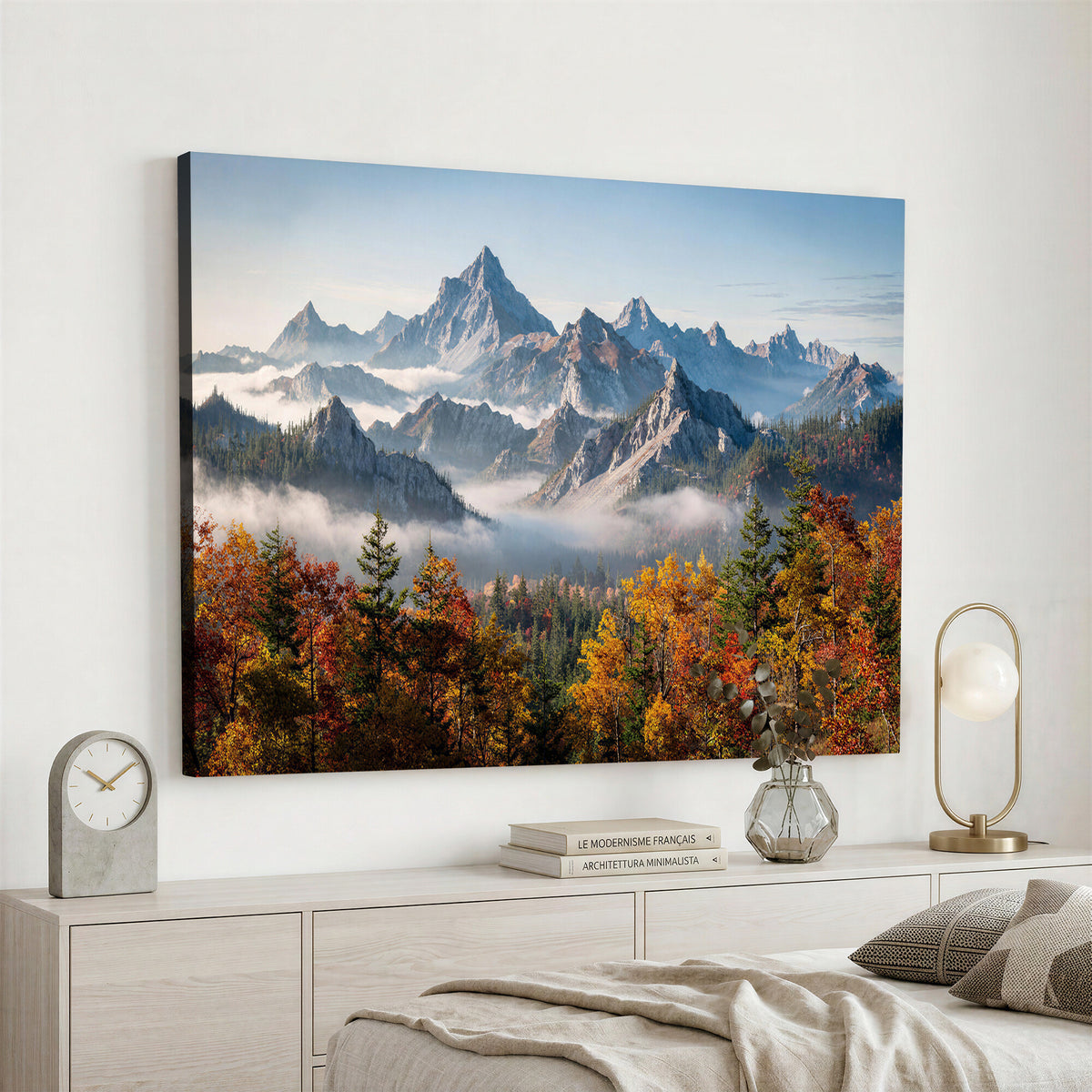 38847944-MGV-TP-30X20 - Majestic Mountain Peak Canvas Wall Art - Panoramic Autumn Forest Fog Landscape Print