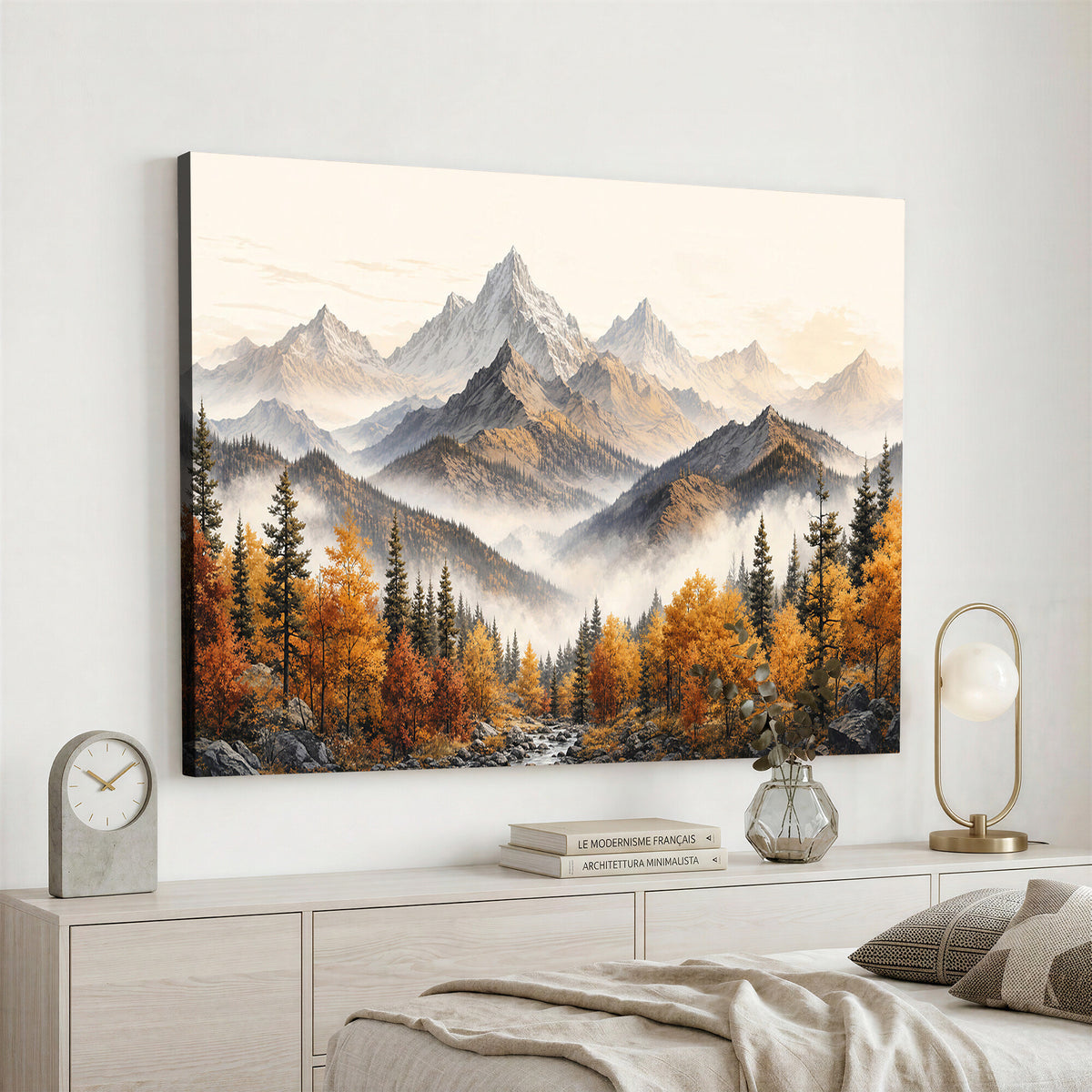 21309099-MGV-TP-30X20 - Extra Large Misty Mountain Autumn Forest Canvas Wall Art - Watercolor Fall Nature Landscape Print