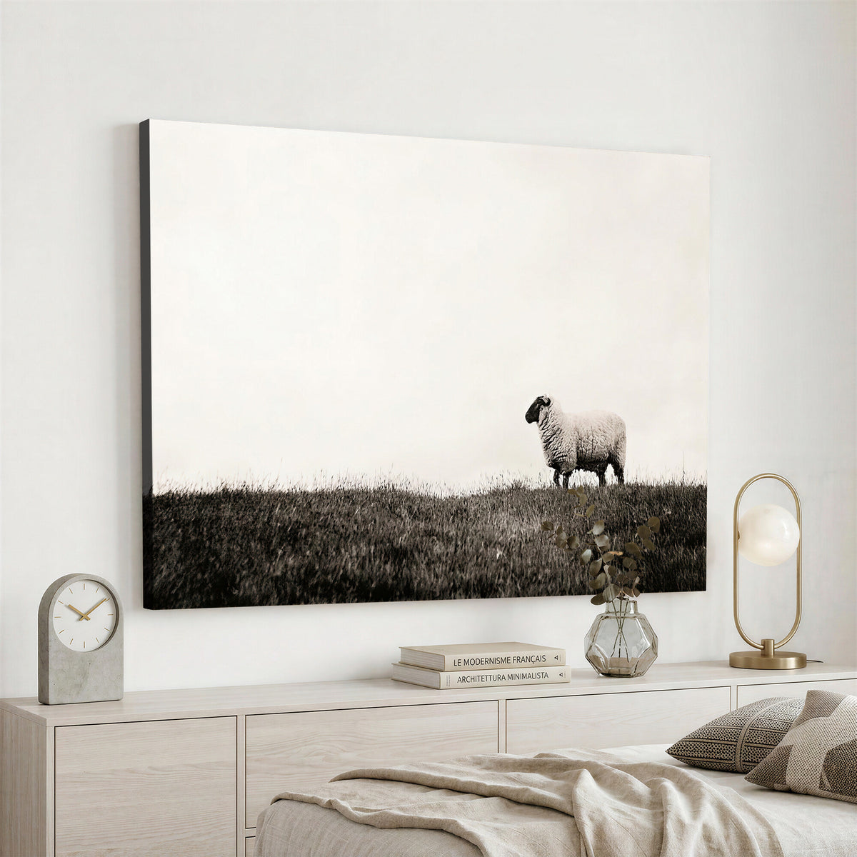 72749448-MGV-TP-30X20 - Minimalist Sepia Sheep Canvas Wall Art - Rustic Farmhouse Country Landscape Print