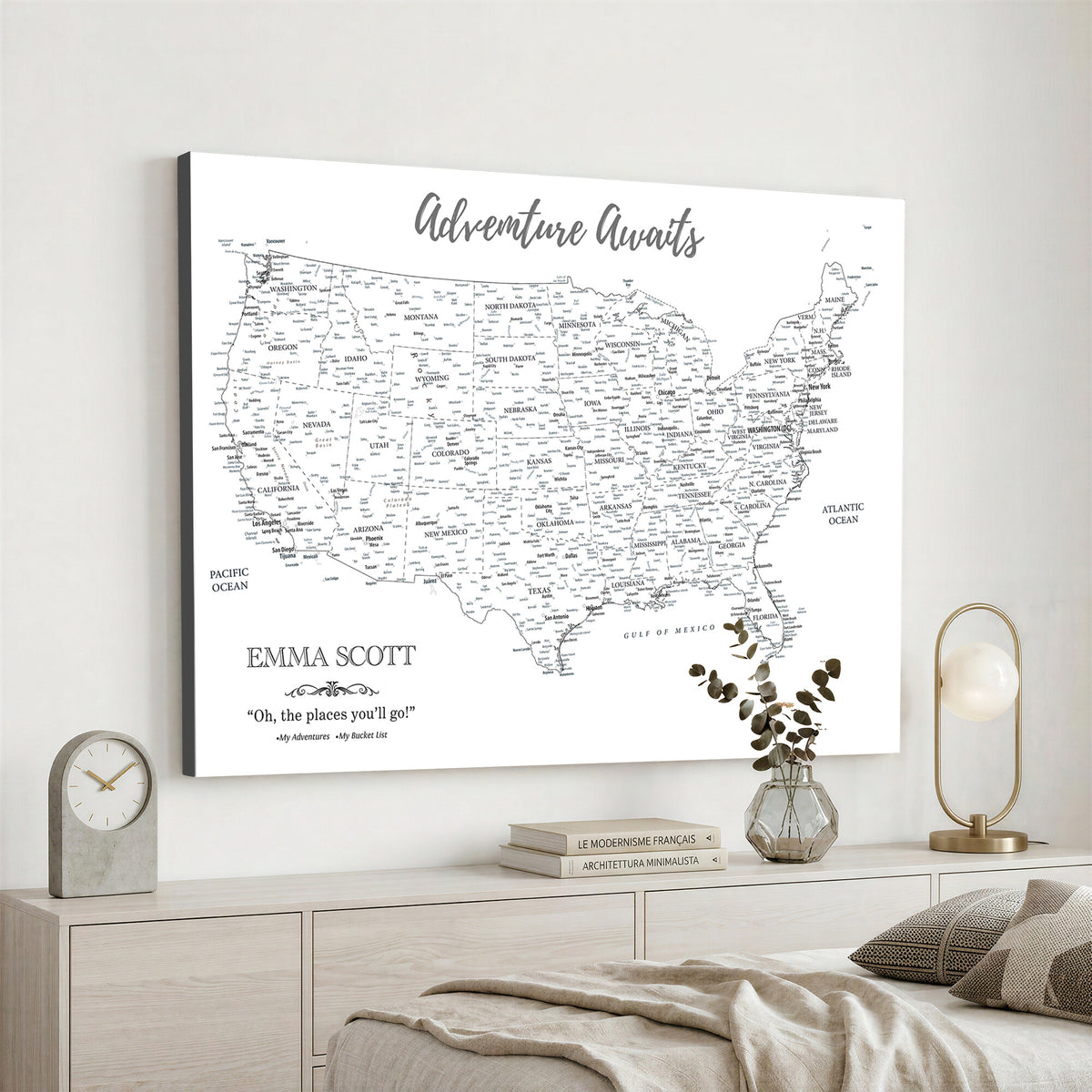 73634814-MGV-CV-36X24 - Custom USA Push Pin Travel Map Canvas Wall Art - Personalized Couples Gift Flat Digital Print