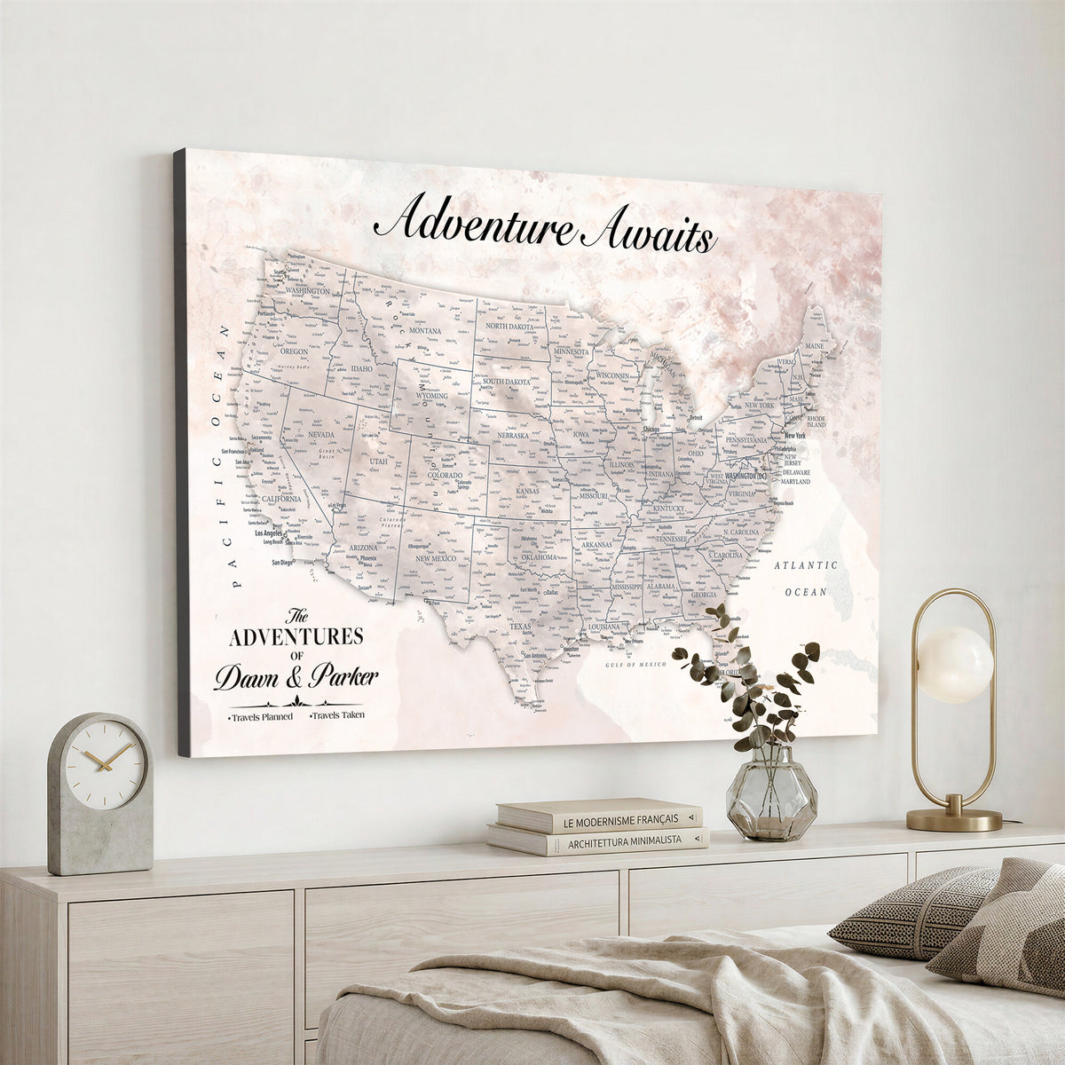 50687859-MGV-CV-36X24 - Custom USA Push Pin Travel Map Canvas Wall Art - Personalized Couples Gift Flat Digital Print