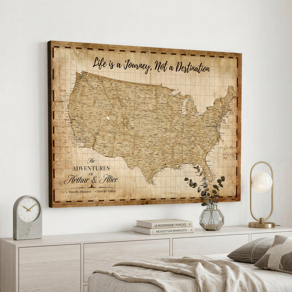 90686209-MGV-CV-36X24 - Custom USA Push Pin Travel Map Canvas Wall Art - Personalized Couples Gift Flat Digital Print