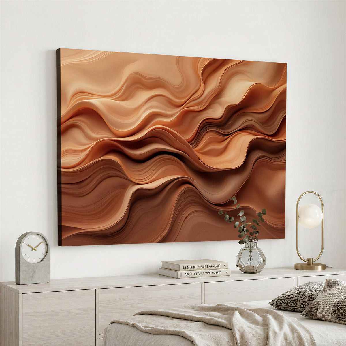 82230697-MGV-CV-36X24 - Modern Abstract Fluid Waves Canvas Wall Art - Minimalist Warm Terracotta Beige Sand Print