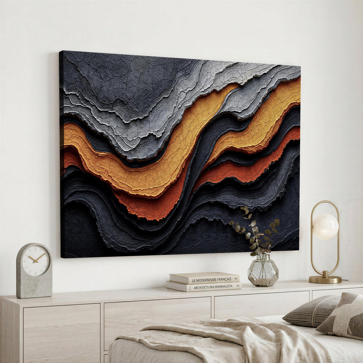 59852489-MGV-CV-36X24 - Abstract Waves Canvas Wall Art - Modern Terracotta and Charcoal Gray Print