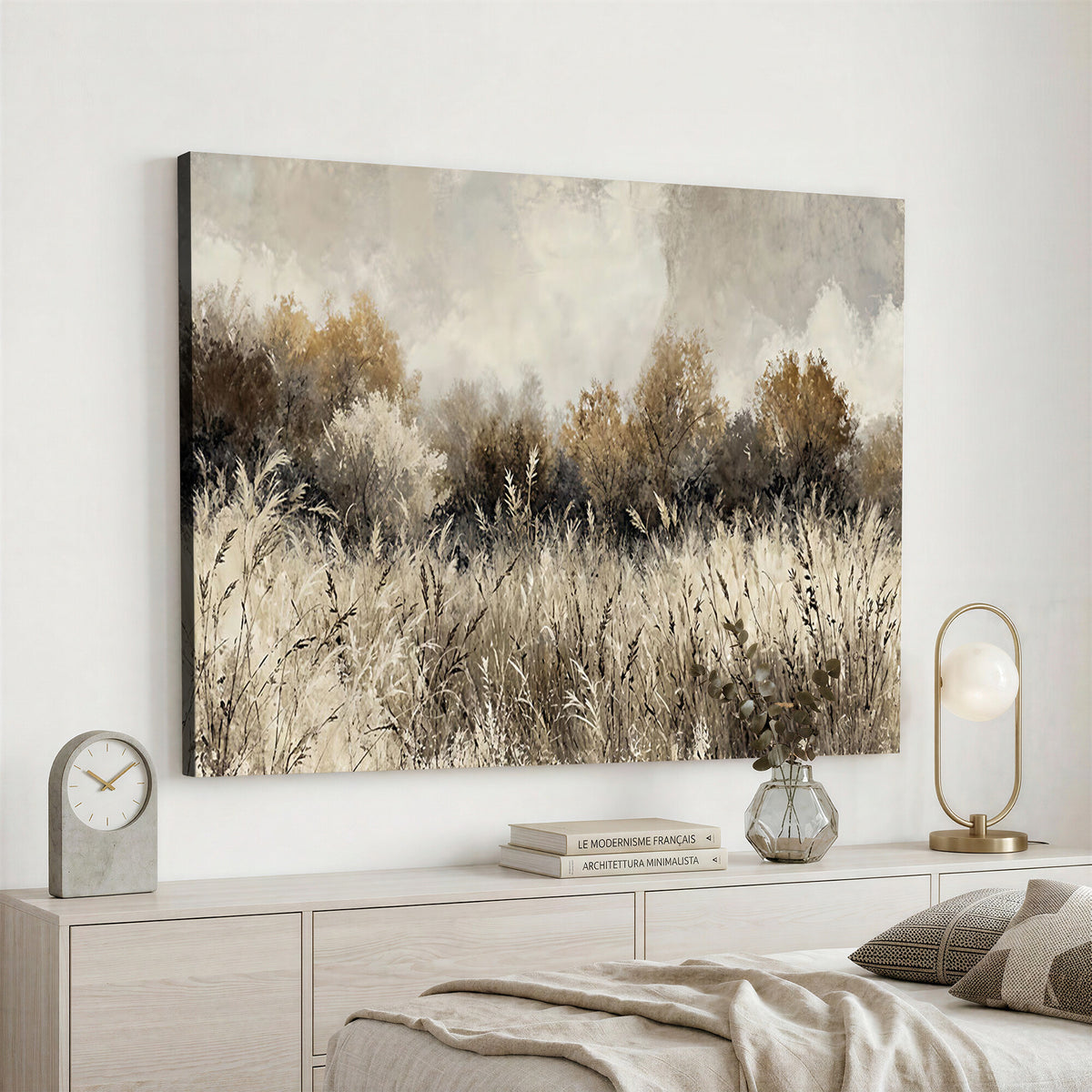 53959945-MGV-TP-30X20 - Muted Neutral Forest Landscape Canvas Wall Art - Vintage Rustic Wildflower Meadow Print