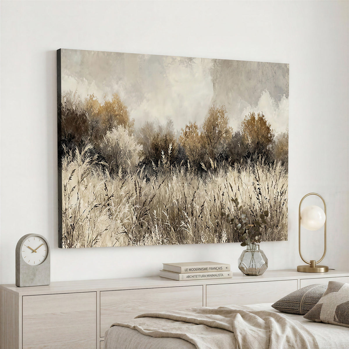 53959945-_Poster-30x20 - Muted Neutral Forest Landscape Canvas Wall Art - Vintage Rustic Wildflower Meadow Print