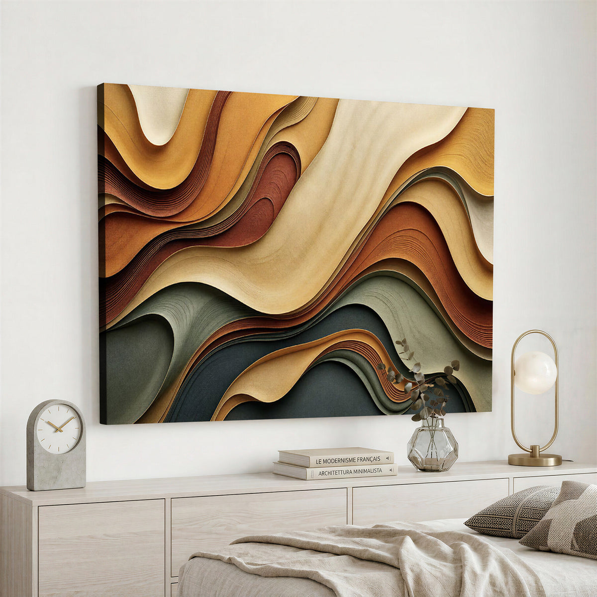 19337902-MGV-CV-36X24 - Modern Abstract Waves Canvas Wall Art - Minimalist Earthy Tone Living Room Decor
