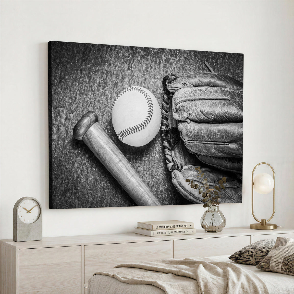 83916D-MGV-CV-36X24 - Vintage Baseball Glove and Bat Sports Wall Art Canvas Print