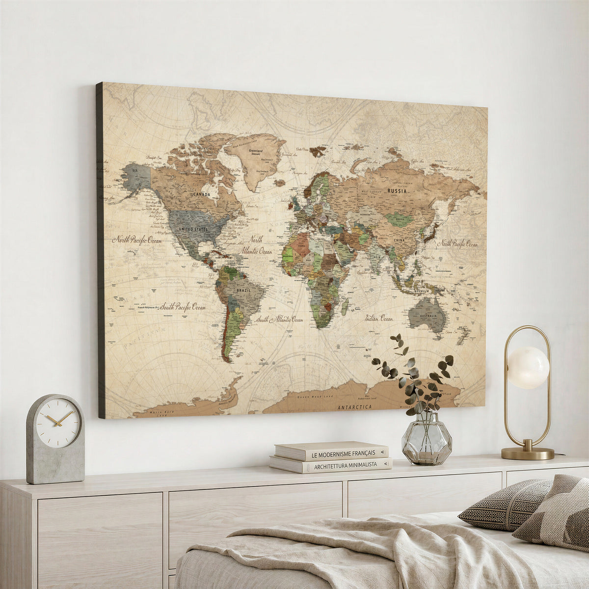 32749414D-MGV-CV-36X24 - Custom Push Pin World Map Wall Art Canvas Print – Personalized Travel Tracker with Pins Framed Large for Home and Office Decor