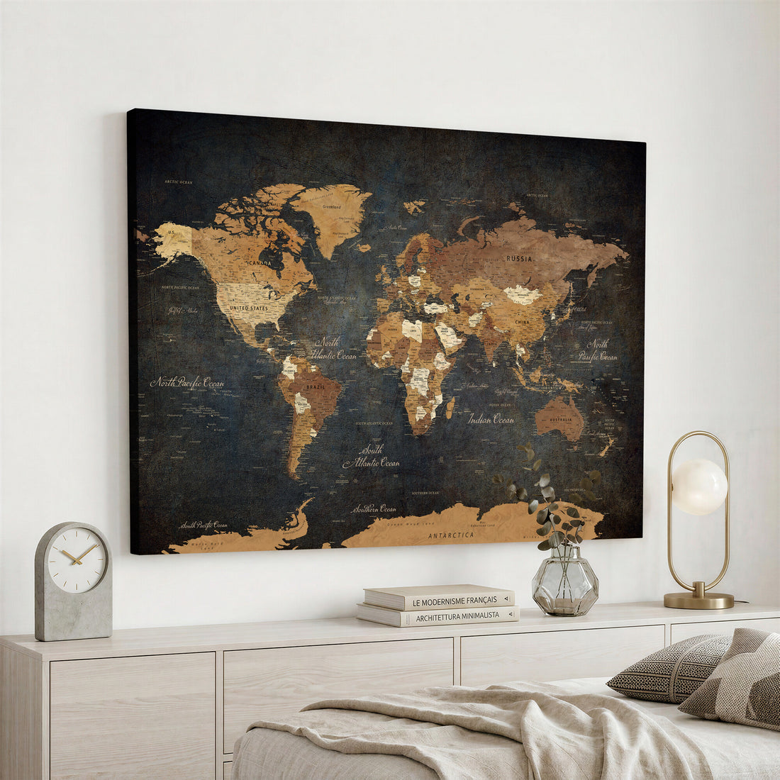 Custom Push Pin World Map Wall Art Canvas Print – Personalized Travel Tracker with Pins Framed Large for Home and Office Decor