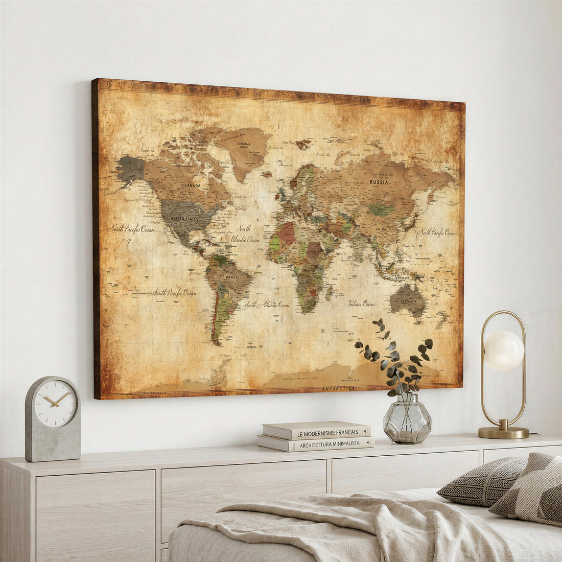 Custom Push Pin World Map Wall Art Canvas Print – Personalized Travel Tracker with Pins Framed Large for Home and Office Decor